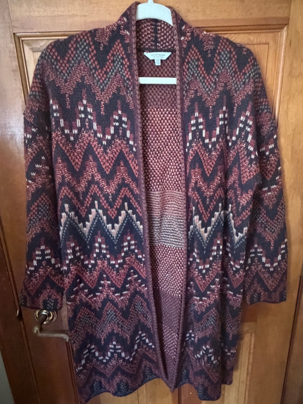 Lucky Brand Boho Open Cardigan XS Chevron Knit Tribal Print Long Sleeve Sweater